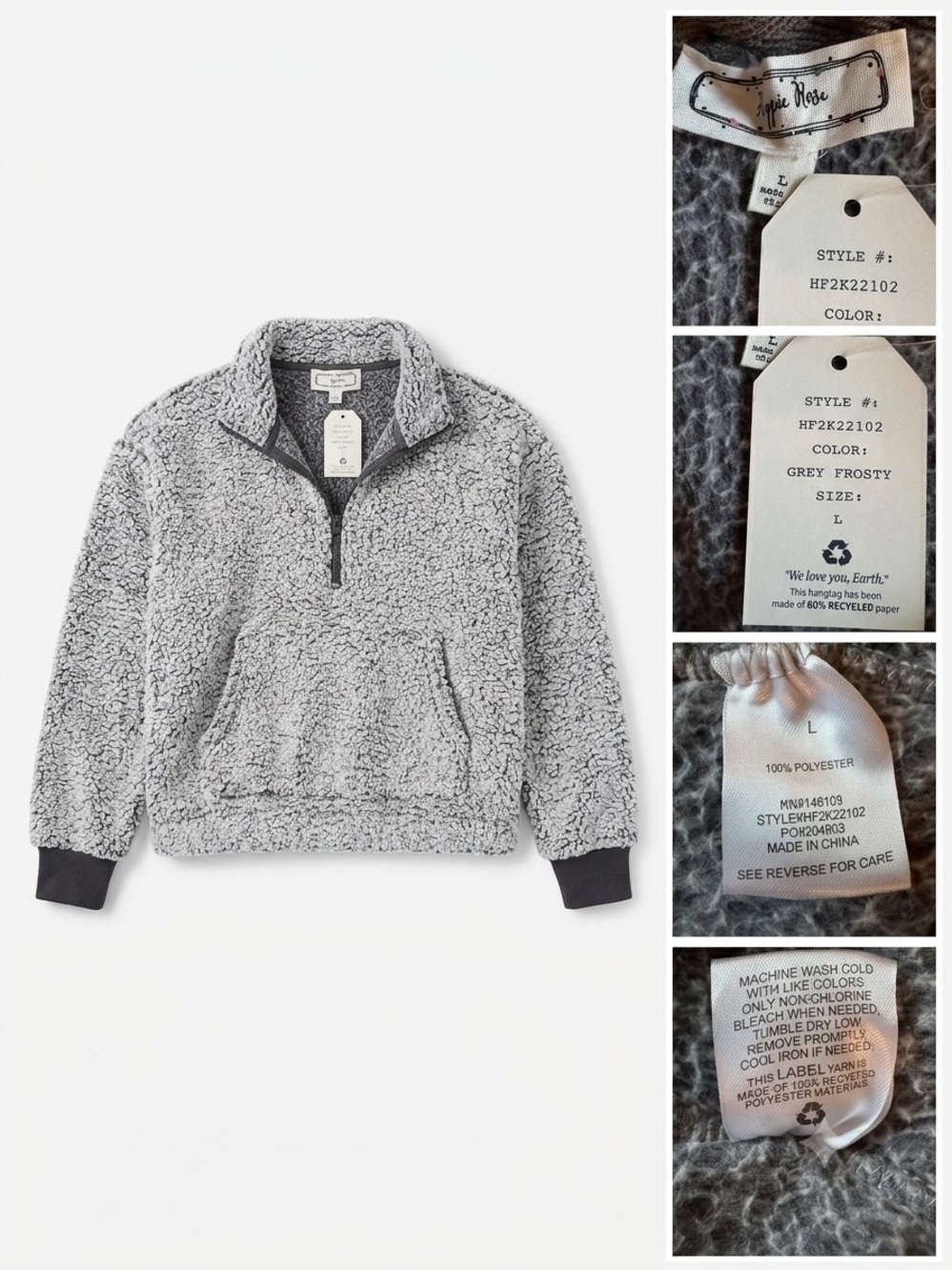 Hippie Rose Grey Frosty Sherpa Fleece 1/4 Zip Pullover Jacket Size L Cropped
